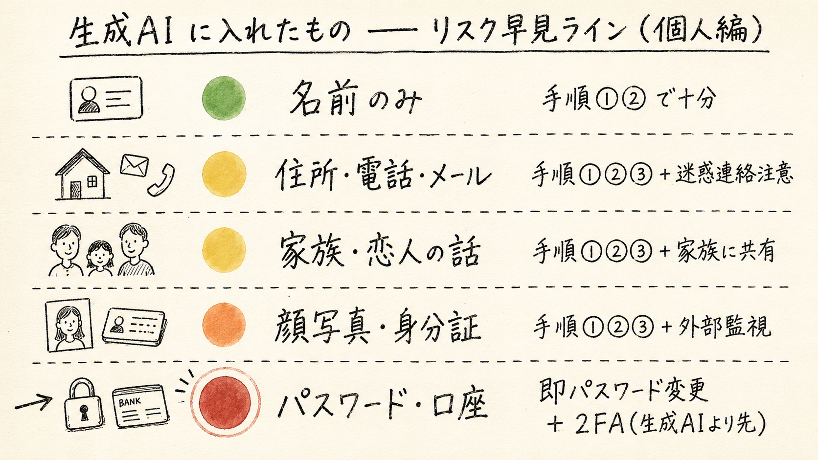 図：生成AI に入れたもの別のリスク早見ライン（個人編・5段階）。①名前のみ（緑・低）→手順①②で十分 / ②住所・電話・メール（黄・中）→手順①②③+迷惑連絡注意 / ③家族・恋人の話（黄・中）→手順①②③+家族に共有 / ④顔写真・身分証（橙・高）→手順①②③+外部監視 / ⑤パスワード・口座（赤・最高）→即パスワード変更+2段階認証・生成AIより先。