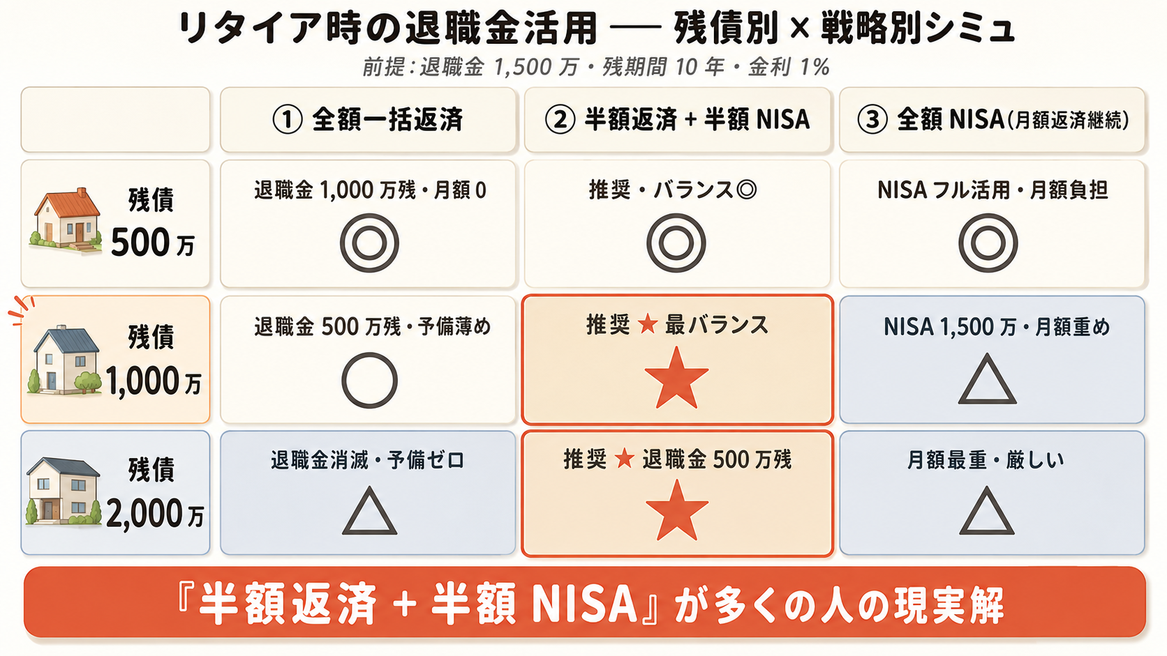 残債別 × 戦略別 9 マスシミュレーション。残債500万/1,000万/2,000万円 × 戦略3つ（①全額一括返済 / ②半額返済+半額NISA / ③全額NISA 月額返済継続）を比較。前提：退職金1,500万円・残期間10年・金利1%。経済合理性の高い組み合わせが視覚化される。