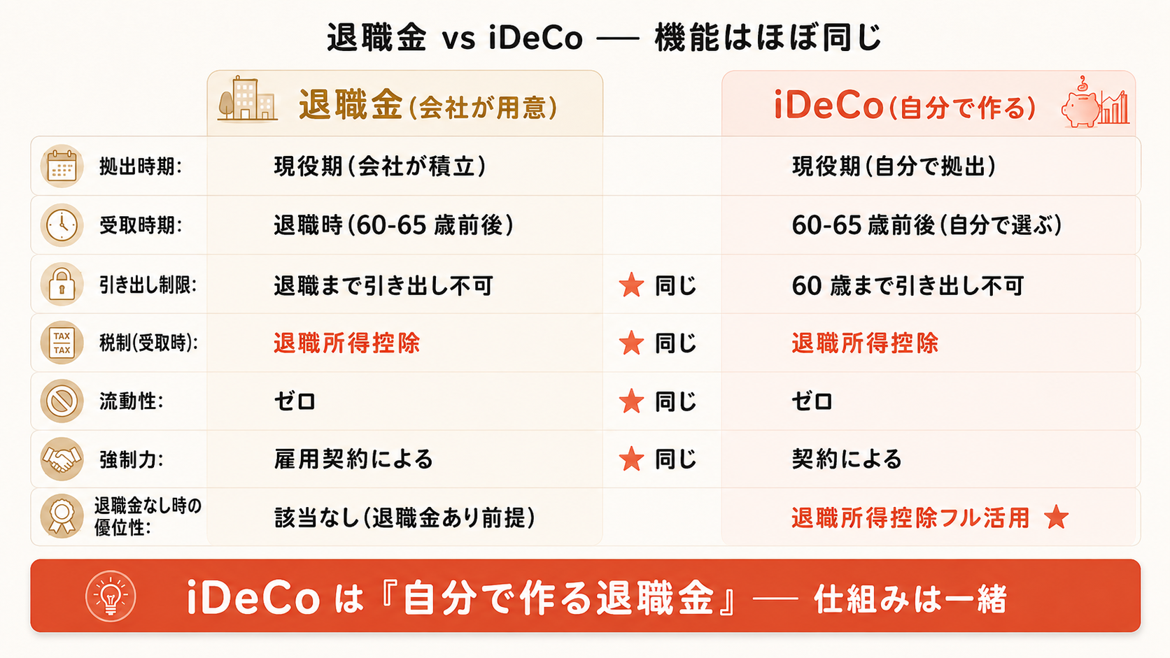 退職金 vs iDeCo 機能比較インフォグラフィック。受給時期・退職所得控除の使い方・2026年1月からの「10年ルール」改正・節税効果の差を視覚化。退職金が見込めない人ほど iDeCo の節税効果が大きく出る構造。