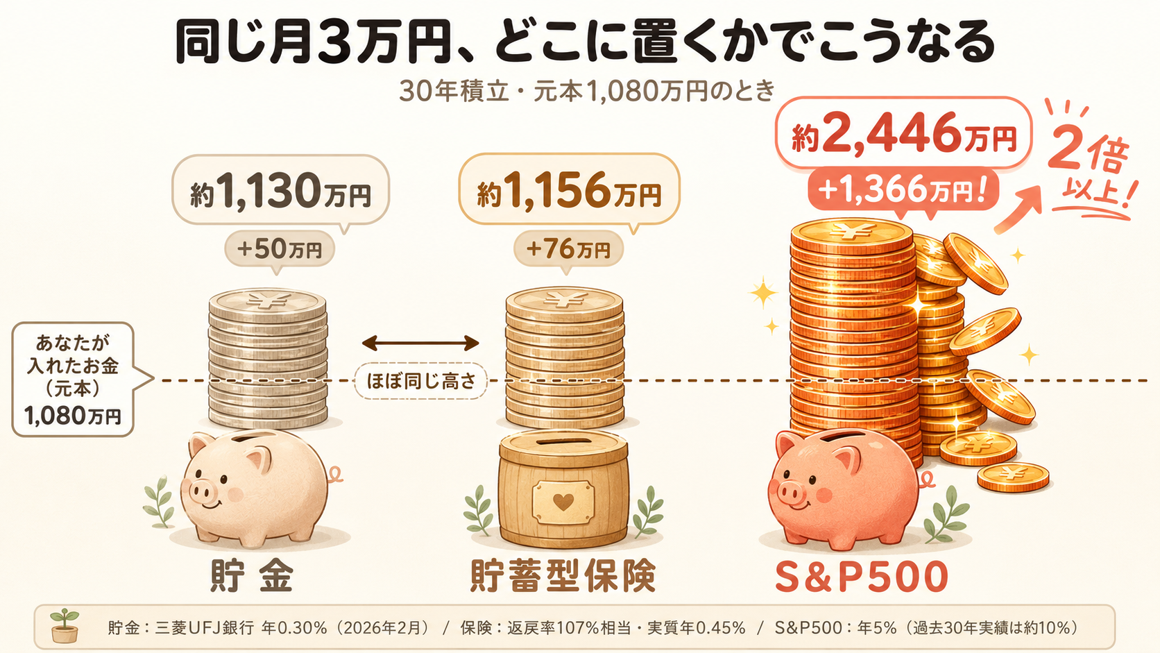 月3万円・30年で何が起きるかの3商品比較。貯金（メガバンク年0.30%）約1,130万円、貯蓄型保険（返戻率107%相当・実質年0.45%）約1,156万円、S&P500（年5%控えめ想定）約2,446万円。元本1,080万円との差は貯金+50万円・保険+76万円・S&P500+1,366万円。貯金と保険はほぼ同じ高さで、S&P500だけが頭ひとつ抜ける。