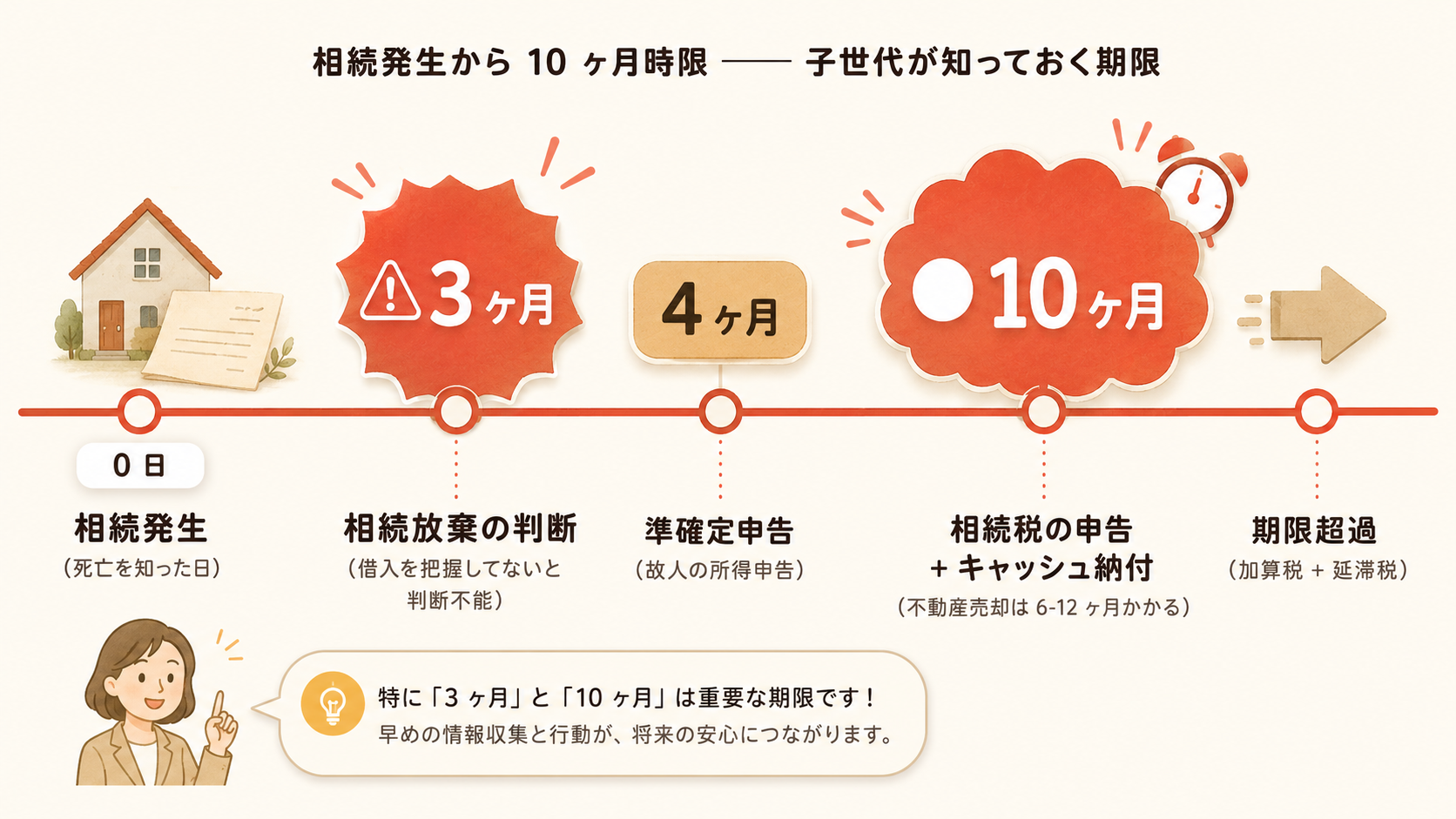 相続発生から 10 ヶ月時限のタイムライン。相続放棄（3ヶ月）→ 準確定申告（4ヶ月）→ 相続税申告・納付（10ヶ月）の期限を時系列で図示。不動産売却に通常 6〜12 ヶ月かかることとの時間ギャップが視覚化される。
