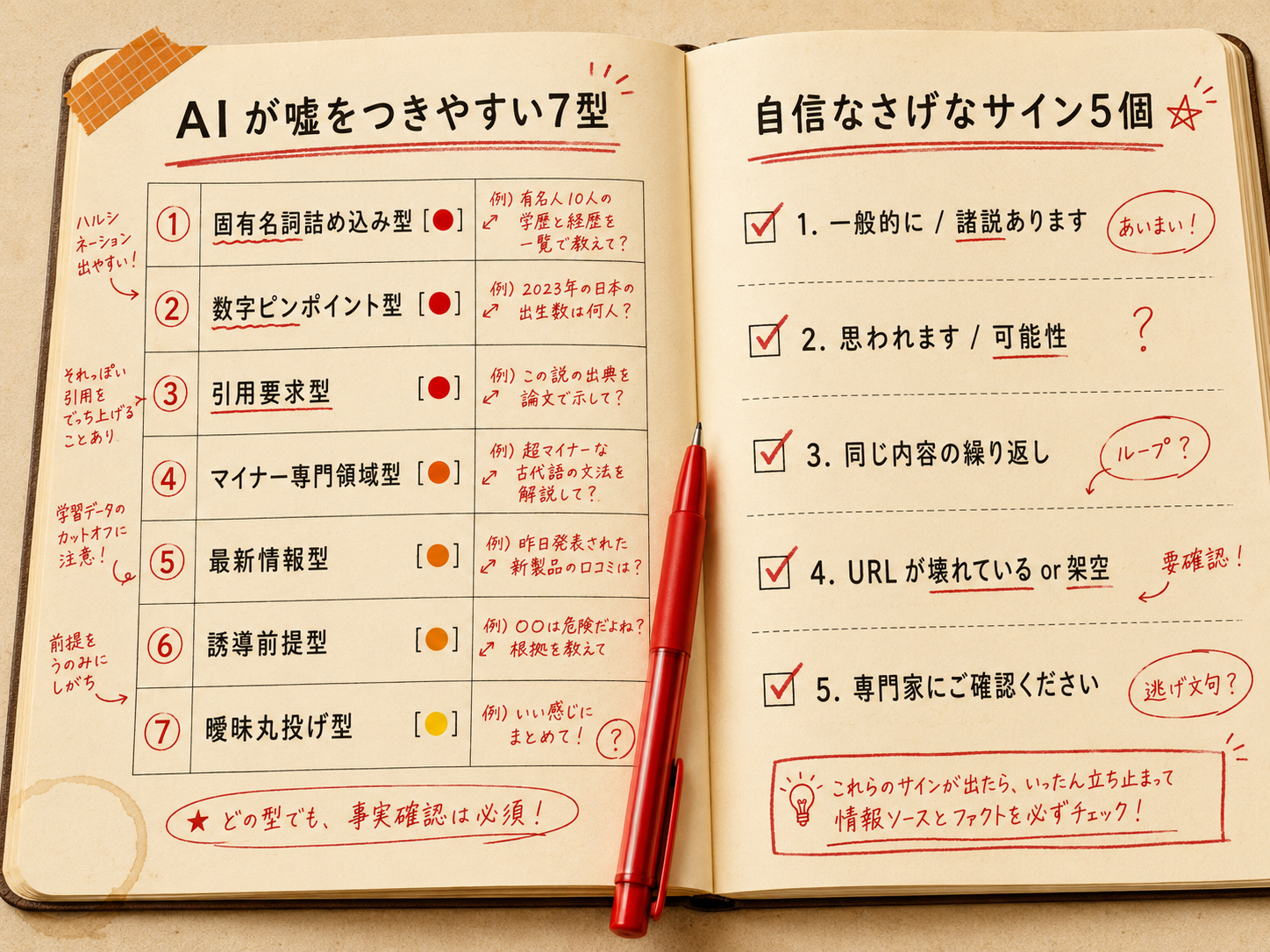 AI が嘘をつきやすい7型と自信なさげなサイン5個を、編集者ノートの見開きにまとめた図。左ページに7型（固有名詞詰め込み・数字ピンポイント・引用要求・マイナー専門領域・最新情報・誘導前提・曖昧丸投げ）、右ページに5つのサイン（一般的に/諸説あります・思われます/可能性・同じ内容の繰り返し・URL壊れている or 架空・専門家にご確認ください）を赤ペン注釈付きで整理。