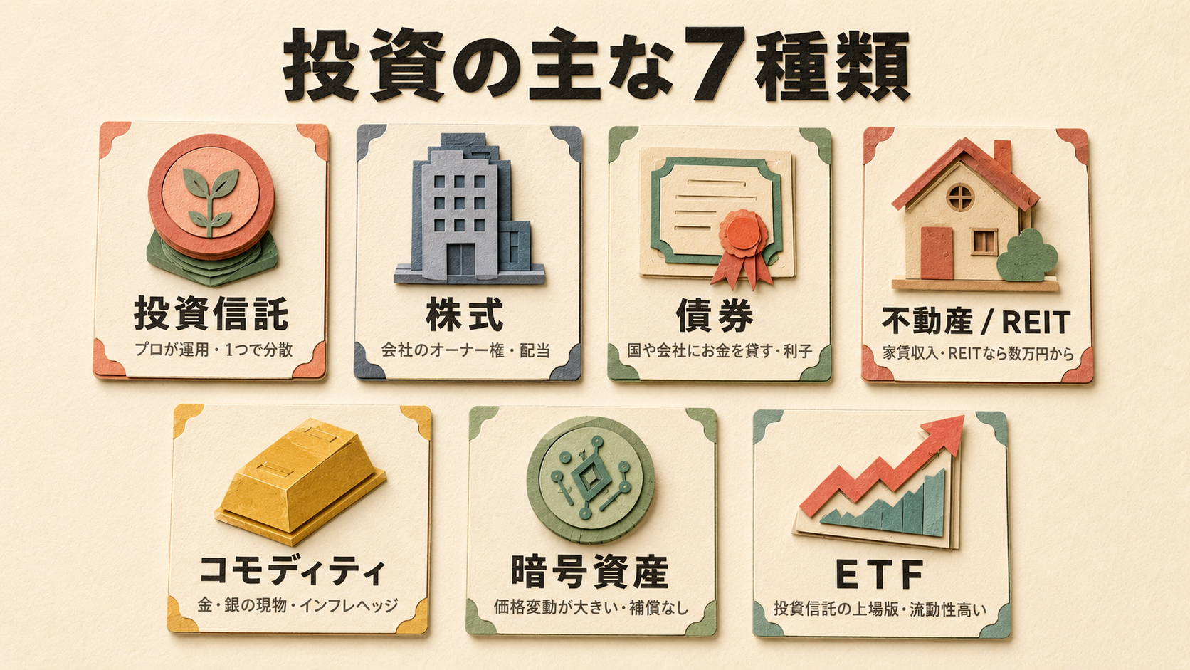 投資の主な7種類のインフォグラフィック。投資信託（プロが運用・1つで分散）、株式（会社のオーナー権・配当）、債券（国や会社にお金を貸す・利子）、不動産投資/REIT（家賃収入・REIT）、コモディティ（金・銀の現物）、暗号資産（価格変動が大きい・補償なし）、ETF（投資信託の上場版・流動性高い）。