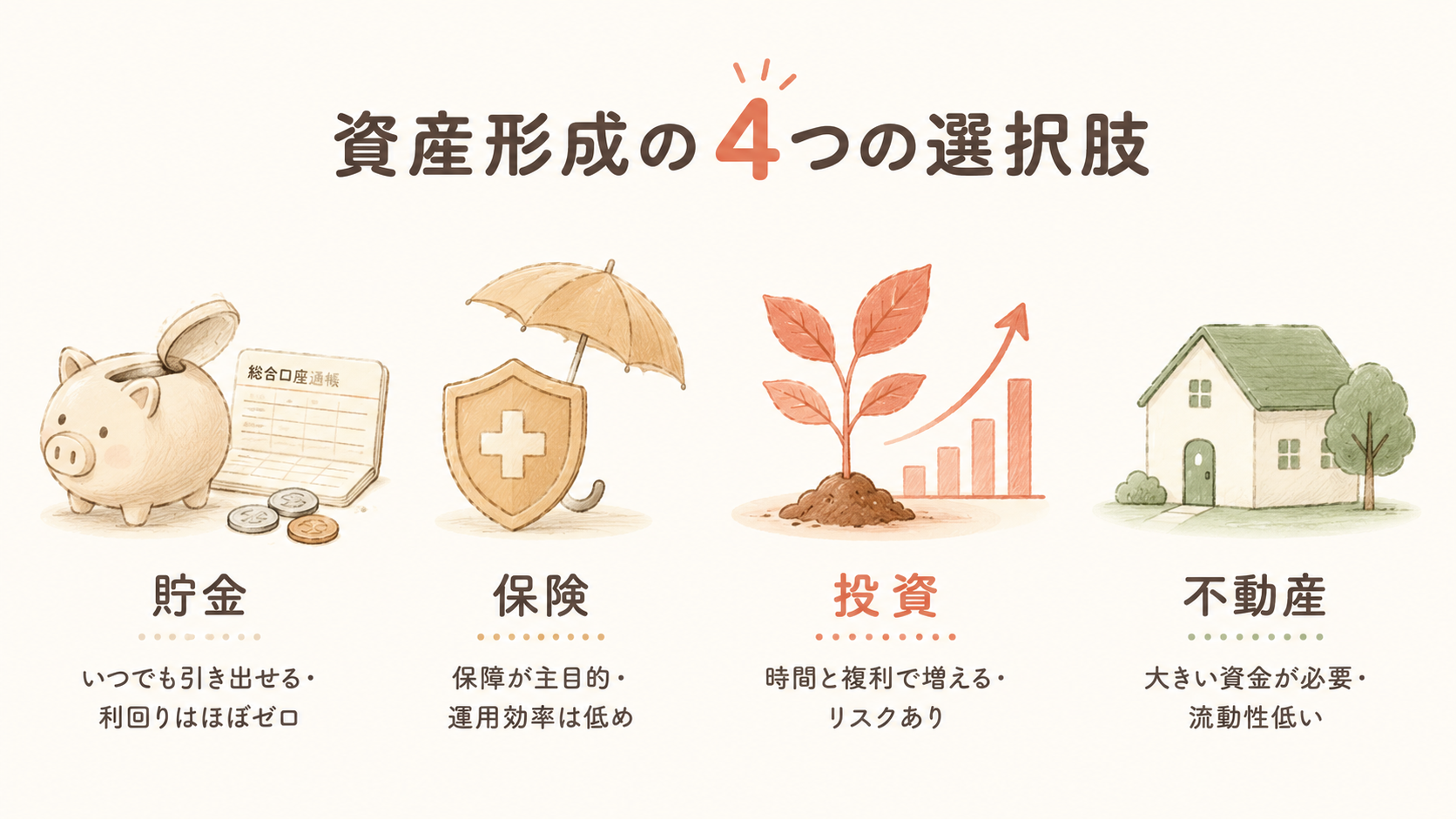 資産形成の4つの選択肢のインフォグラフィック。貯金（豚の貯金箱・いつでも引き出せる、利回りはほぼゼロ）、保険（盾と傘・保障が主目的、運用効率は低め）、投資（苗と右肩上がりの矢印・時間と複利で増える、リスクあり）、不動産（家・大きい資金が必要、流動性低い）。